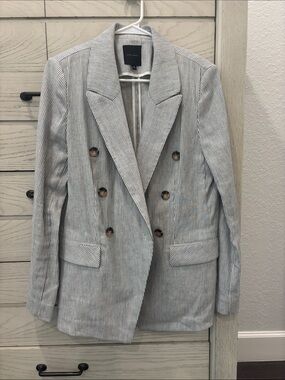 Alex Marie Double-Breasted Pinstripe Blazer - Light Grayish blue & White.